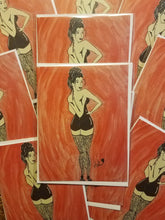 Load image into Gallery viewer, PIn-up Girl Art Red Hot by artist Heather Wilson features greeting card with sexy brunette model in Betty Grable style pose in front of red background
